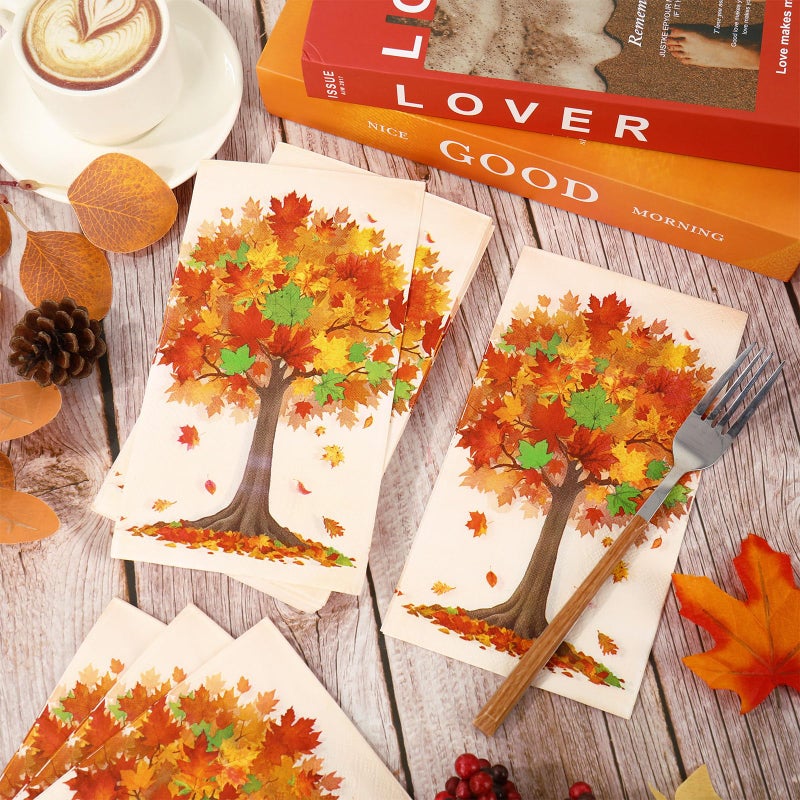 JarThenaAMCS 50 قطعة من مناديل ضيف الخريف أوراق القيقب مناديل للاستعمال مرة واحدة بألوان مائية وشجرة الخريف وحفلات العشاء ومنديل الخريف ومناشف اليد المزخرفة لمستلزمات طاولة الحمام لعيد الشكر - Image 4